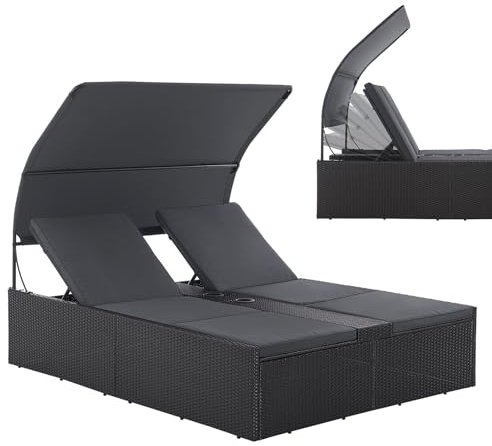 Juskys Polyrattan Doppelliege Syros - Garten Sonnenliege für 2 Personen - Outdoor Liege mit Dach & Auflagen - Kopfteil verstellbar - Schwarz