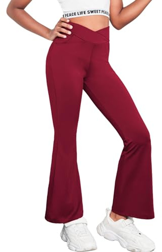 Arshiner Flicka utsvängda byxor hög midja flare bootcut, sportbyxor för yoga, dans, solid pläd, fritid, bell-nederdel, utsvängda byxor, ben, barn 5–14 år, Vinröd, 11-12 år