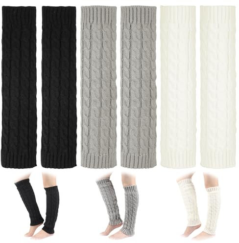 JIZZU 3 Paar Beinwärmer für Frauen Mädchen, Winter Gestrickte Beinwärmer Damen, Mode Beinwärmer für 80er Jahre Y2k Ballett Tanz Eislaufen Yoga Party (Schwarz/Weiß/Grau), Schwarz , One size