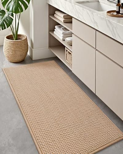 COLOR&GEOMETRY Ultraweicher Badteppiche rutschfest Waschbar, 60 x 150 cm Chenille Absorbierende Badvorleger Badezimmerteppich Schnelltrocknend, Beige Badematte für Badezimmer, Dusche, Badewanne