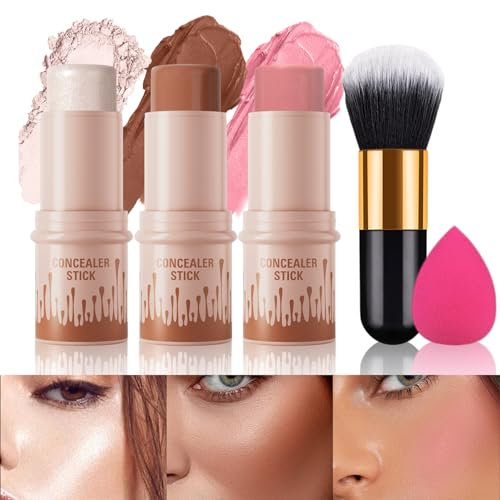 MKNZOME 3pcs Contour Highlighter Blush Sticks, Bronzer Stick Cream Contour Kit for Cheeks, Lips, Highlighter Makeup Stick with Makeup Brush and Sponge, Long Lasting, Waterproof, Smooth