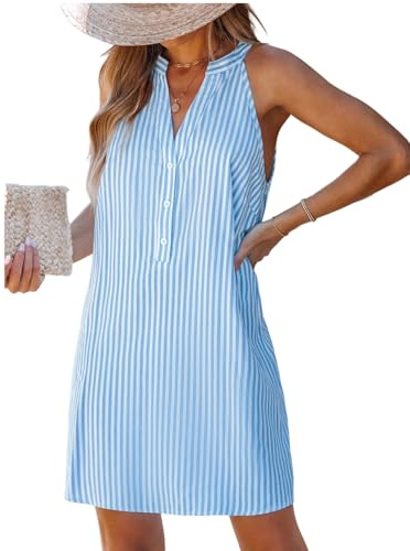 CUPSHE Sommarklänningar för kvinnor V-hals ärmlös randig knapp upp mini vardaglig coverup klänning