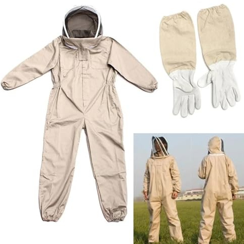 ERMWALR Imker-Schutzanzug mit Handschuhen, stichfester Imkeranzug mit Maske, Kapuze professioneller Schutzkleidung Geeignet für Männer und Frauen，Apricotfarbener Imker-Schutzanzug (XL)