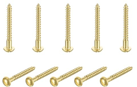 sourcing map 10 Pcs Brass Screws, M4 x 40mm Solid Slotted Round Head Self-Tapping Wood Screw Fasteners for Woodworking Furniture Repair Photo Frame Drywall Home Appliances, Gold
