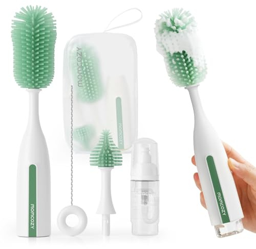 Momcozy Set de Cepillos para Biberones, Diseño Push-Press Innovador, Cepillo para Limpieza de Biberones, Pezoneras, Nipple & Tetra de Biberones, Cepillo sin Escape & Espuma
