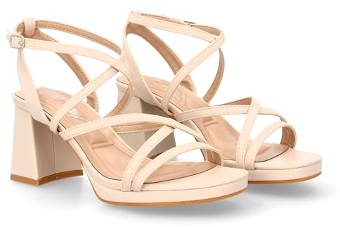 shoes&blues.es 96905 Sandalia de Tacon para Mujer con Diseno de Tiras Cruzadas Finas, Elegante para Eventos con Cierre de Hebilla. Beige Talla 38