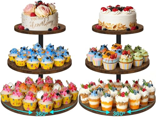 ELITEROO 3 Tier Cupcake Stand for 50 Cupcakes, Rotating Wooden Cake Stand, Rustic Dessert Display Tower with Tiered Trays, Round Cupcake Holder for Wedding Birthday Baby Shower Tea Party, 2 Pack