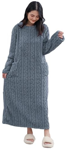 Dammorgonrockar teddy fleece – långärmad husklänning för kvinnor – långärmad nattlinne med fickor nattlinne plus size komfort handduk rock mjuk varm flanell fleece badrock, BLÅ, one size