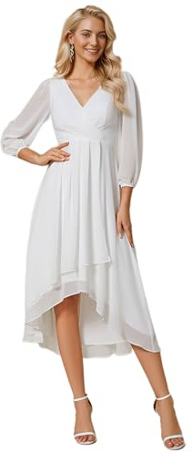 Ever-Pretty Robe Cocktail Femme en Mousseline High Low Manches Longues Soirée Blanc 38
