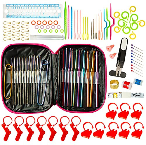 115-teiliges Häkelnadeln Set,Häkelsets mit Stricknadeln Zubehör & Ledertasche,Crochet Hooks Set in Verschiedenen Größen,Ergonomisch Häkeln Stricken Nadeln Strickwerkzeuge für Strickliebhaber&Anfänger