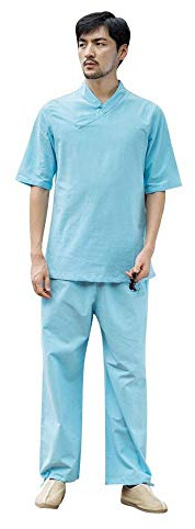 FLY FLU Tai Chi Femme，homme Tenue De Tai Chi Pour Hommes En Coton Zen Costume De Méditation Zen Chinois Vêtements De Yoga Vêtements De Yoga Avec Demi-manches,Blue-XXL