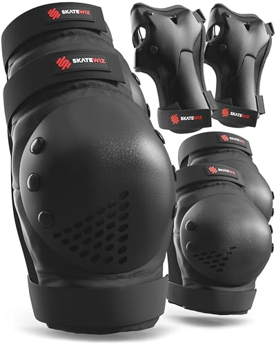 SKATEWIZ Knee and Elbow Pads Adult - Skating Protective Gear Adult, - Smash - Size L Black - Skateboard Pads, Roller Skates, Inline Skate - Ice Skates Women
