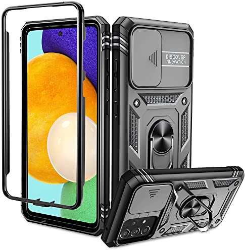 Pilaru 3 in 1 for Samsung A52 /A52S 5G Case with 1 Screen Protector & Kickstand Ring & Camera Cover Military Grade Drop Shockproof Protection [With Front Frame] Phone for Galaxy A52 5G/4G, Black