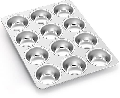 P&P CHEF Muffin Pan Cupcake Baking Pan Set, Stainless Steel Muffin Tin Tray for Mini Cake Tart Quiche, Oven & Dishwasher Safe, Non-toxic & Heavy-duty, (12 Cup, 1Pc)