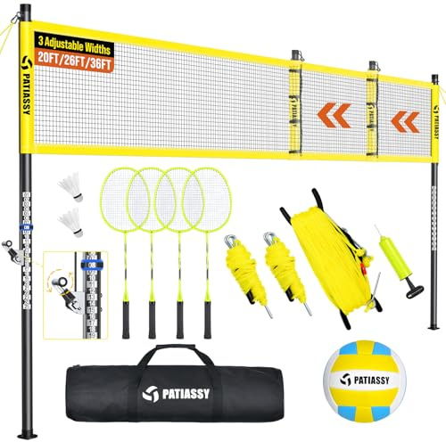 Volleyball Badminton Net Set Combo for Backyard Beach, 2-in-1 Adjustable Net with 4 Heights (5.1–8FT) & 3 Widths (20–32FT), 4 Aluminum Rackets, Goose Feather Shuttlecocks, Volleyball & Carrying Bag