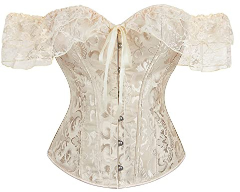 SHYMMUO Beige Corset Top for Women Off Shoulder Lace Up Renaissance Bustier Gothic Steampunk Corset Tops for Halloween Costumes L