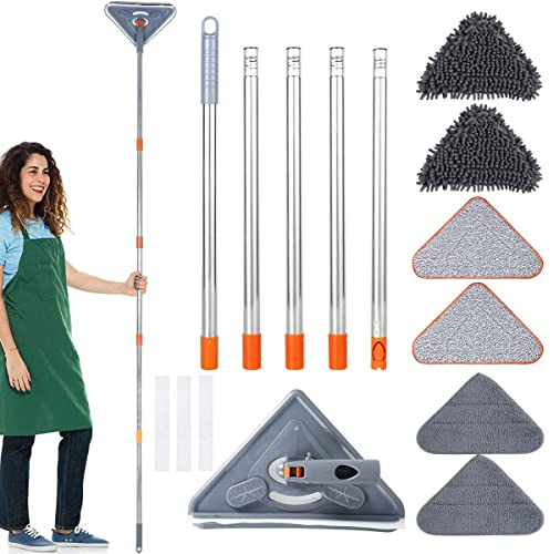 Triangle Cleaning Mop Adjustable Extendable 85inch Long Handle Wall Cleaning Mop Retractable Microfiber Dry Wet Floor Dust Cleaner with 6 Mops Head for Home Hard Wood Floor Window Car(Color A)
