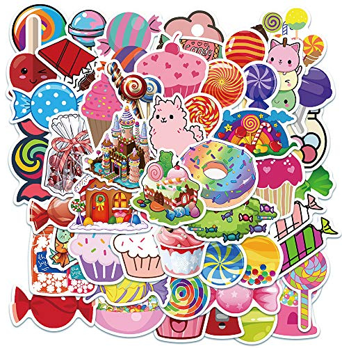 Lot de 50 autocollants mignons - Friandises colorées pour enfants et filles - Sucettes de dessin animé et chocolat - Autocollants pour cupcake