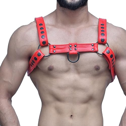 EPIGEAN Men's Leather Harness Body Chest Armour Made up of Genuine leather With Buckles Adjustable Strap Belt (2X-LARGE, RED)
