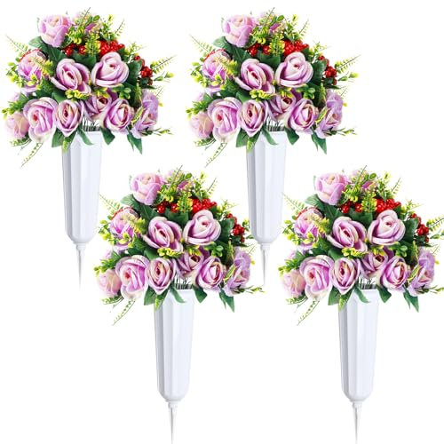Tigeen 4 juegos de flores artificiales de cementerio con jarrón para tumba, de seda, para el Día de los Caídos, ramo de rosas, decoración de cementerio para arreglos de lápidas junto a tumbas al aire