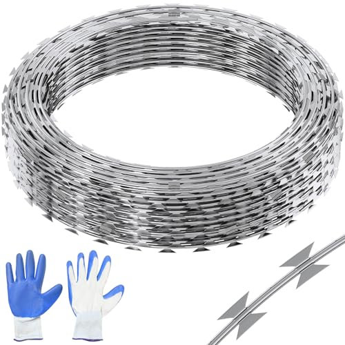 VEVOR Natodraht 45 m (3 Rollen x 15 m) Stacheldraht Doppelspirale Sperrdraht Stacheldrahtzaun (0,51 mm) scharfe Klingen und (ca. 4 mm) dicke Kerndrähte Maschendraht für außergewöhnlichen Spiralschutz
