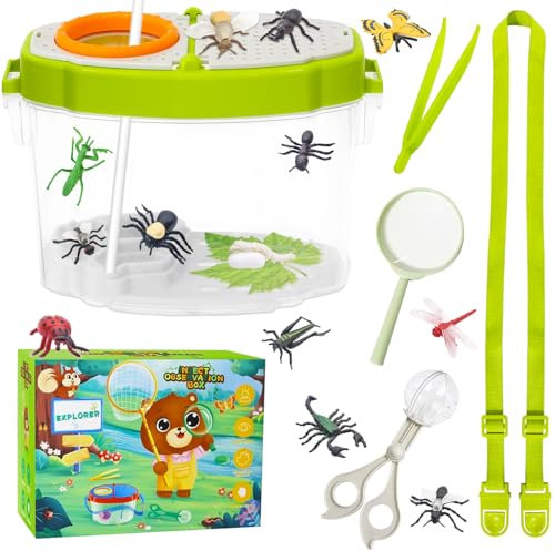 Becherlupen für Kinder Set, Insekten Beobachtungsbox, Lupenglas für Kinder, Lupe Insekten Sammelbox mit Becherlupe, Catcher, Pinzetten, Insekt Viewer Box für Camping, Wandern, Klettern