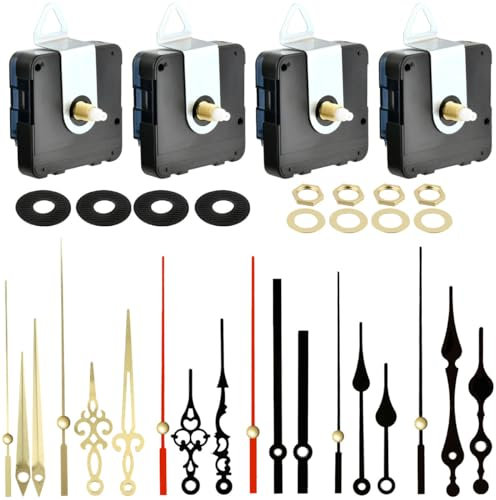 DODUOS 4 Stück Uhrwerke zum Selbsteinbau mit Zeiger, Schwarze Uhrwerk für Wanduhr Lautlos, Quarz Uhrwerk mit 6 Verschiedenen Paaren Uhrwerk mit Zeiger von DIY Uhrwerk Kits Ersatz