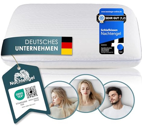 Nachtengel Schlafkissen - Orthopädisches Memory Foam Kopfkissen, Ergonomisch & gegen Nackenschmerzen, für alle Schlaftypen (Rücken-, Bauch- & Seitenschläferkissen) (1 Stück, weiß, 14cm Höhe)