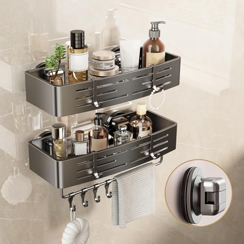 Voldra Shower Caddy Suction Cup No Drilling, Bathroom Shelves Shower Storage Wall Mounted Bathroom Caddy Shower Organiser Rack With 8 Removable Hooks and Towel Bar(2 Pack, Grey)