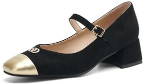Escarpins Mary Jane Rétro pour Femme Bout Carré Dessus en Daim Bride À Boucle Dorée Talons Bas À Enfiler Chaussures De Bureau,Noir,40 EU