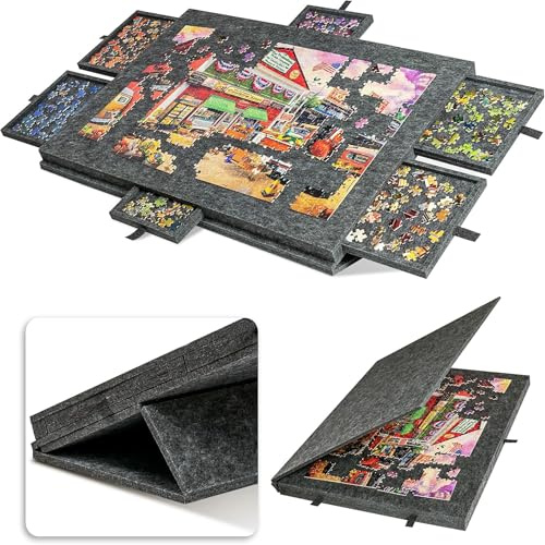 Mesa de Rompecabezas Inclinable con Soporte de Rompecabezas 2 en 1 y Tapa, Tablero de Fieltro Ligero con 6 Cajones de Colores, Mesa Portátil para Juegos, Re Dark Grey 1000 Pieces [77 × 53.6 × 4.2 cm]
