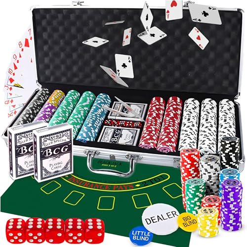 Retoo Set da poker da 500 chip in valigetta di alluminio, set completo da poker con 2 mazzi di carte da gioco, 5 dadi, 3 spacciatori – perfetto per Texas Hold'em, blackjack e serate da casinò