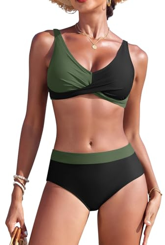 Svanco Costume Donna Due Pezzi Bikini Vita Alta, V-Apertura con Croce e Design Color Block, Costumi Bagno Curvy per Mare e Piscina