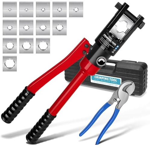 Pinza crimpatrice idraulica da 16 tonnellate, con forbici per cavi | Capicorda idraulico con 13 set (pinza crimpatrice 8-300 mm²) per lavori di cavi, riparazione auto (rosso)