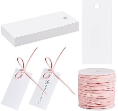 BENECREAT 100 tarjetas de lugar rosas para mesa con cordón de gamuza sintética de 22,9 m, 90 x 40 mm, etiquetas colgantes en blanco para decoración de mesa de boda, cumpleaños, banquetes, Navidad
