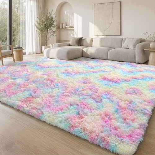 Homaxy Fluffig höglugg modern matta, halkfri, tvättbar löpare, mattor för vardagsrum, barnrum, sovrum, hall. 80 x 150 cm, regnbåge