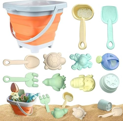 Neuytiky Giochi Spiaggia Bambini | 11 Pezzi con Secchiello Pieghevole & Formine | Giochi Spiaggia Bambini 1 Anno | Sabbia & Acqua | Set Spiaggia Bambino (Colori Vivaci) (Secchio Arancione)