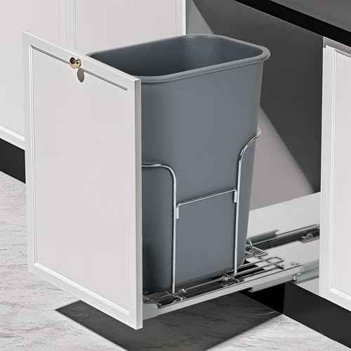 Garvee Soporte Extraíble para Cubo de Basura Estructura Deslizante de Acero Bajo Mueble de Cocina Rieles de Cierre Suave Silencioso Sistema de Montaje en Puerta Sin Contenedor para 30L plata
