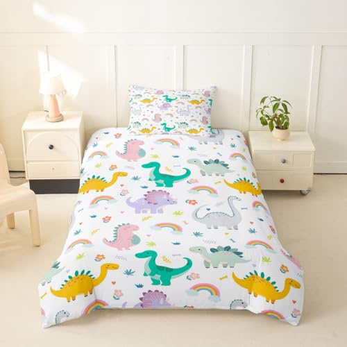 Homewish Juego de funda de edredón para cama individual, diseño de dinosaurio verde y blanco