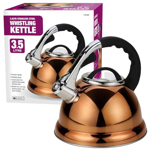 3.5l Gold Whistling Kettle - Stainless Steel Gas Electric Hob Kitchen | Phenolic Handle, Non Drip Whistling Spout, 3.5 litres Capacity - Indoor & Outdoor | Suitable for Fishing, Hiking, Camping