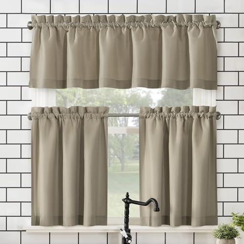 No. 918 Martine - Tenda da cucina semitrasparente in microfibra con tasca per bastone, mantovana e ripiani, 137 x 61 cm, colore: tortora