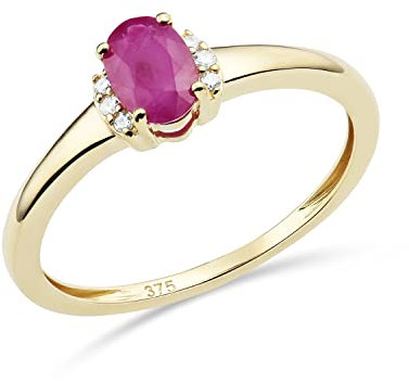 MIORE Schmuck Damen 0.03 Ct Diamant Verlobungsring mit Edelstein Geburtsstein natürlicher ovaler roter Rubin und 6 Diamanten Brillanten Ring aus Gelbgold 9 Karat (375) Gold