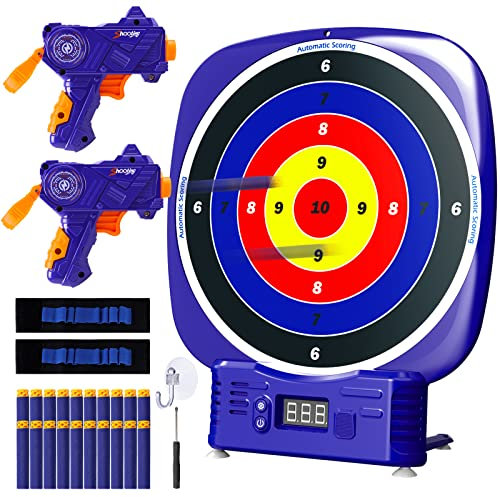 AISIPRIN Zielscheibe für Nerf Pistole,Elektronische Digitale Zielscheibe mit Soundeffekt,2 Spielzeug Pistole,20 Schaumstoff Munition,Handgelenkbänder,Schraubendreher,Outdoor Spielzeug für Kinder
