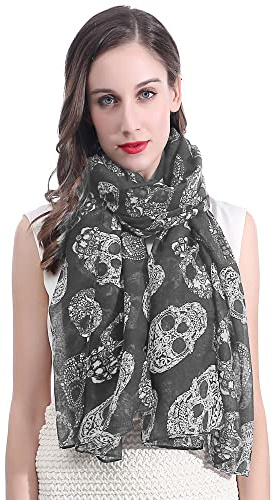Lina & Lily Écharpe Foulard pour Femme Imprimé Crâne le jour de la morts (Gris Foncé)