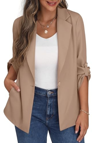 PrinStory Blazer för kvinnor, öppen framsida, kofta, justerbar ärm, kavajjacka med knappar, fickor, Khaki, 38/40 SE