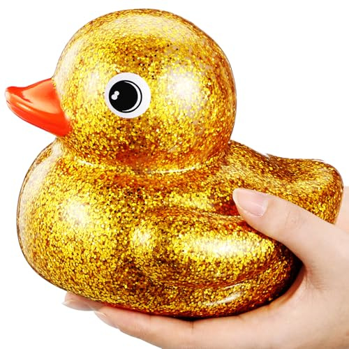 Honoson 6.89 Inch Giant Glitter Rubber Duck Big Glitter Rubber Duck Large Sparkly Duckling Bath Toy with Squeaky Sound for Summer Baby Shower Birthday Party Favor Gift(Gold)