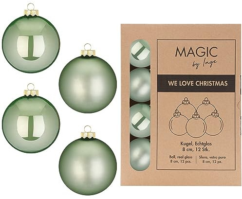 Weihnachtskugeln Glas 8cm x 12 Stück in Kartonbox Christbaumkugeln Set salbeigrün Mild Sage