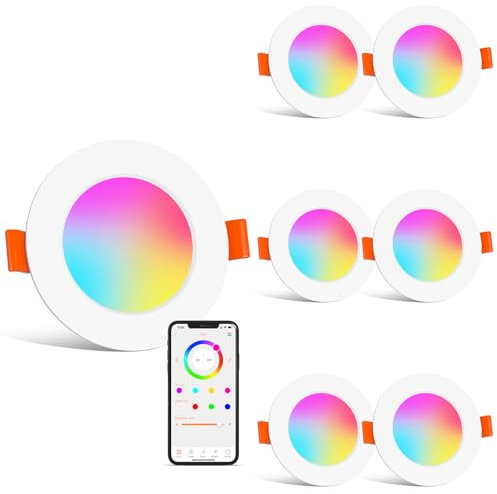 HYDONG Smart LED Einbaustrahler Flach 8W LED Spots 230V, IP44 Bad Einbauleuchten 68mm Kompatibel mit Alexa, Warmweiß & RGB Bluetooth Deckenspots Farbwechsel für Wohnzimmer Schlafzimmer Küche, 6er Set