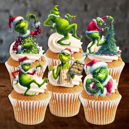 PRECUT Grinch Cupcake Toppers #1, Edible Christmas Cake Decorations 24 x 5cm / 2 Inch