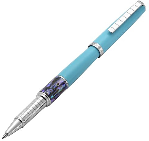 Xezo Speed Master Stylo roller fin Bleu ciel mat avec coquille d'ormeau Pāua Plaqué chrome Corps léger en laiton